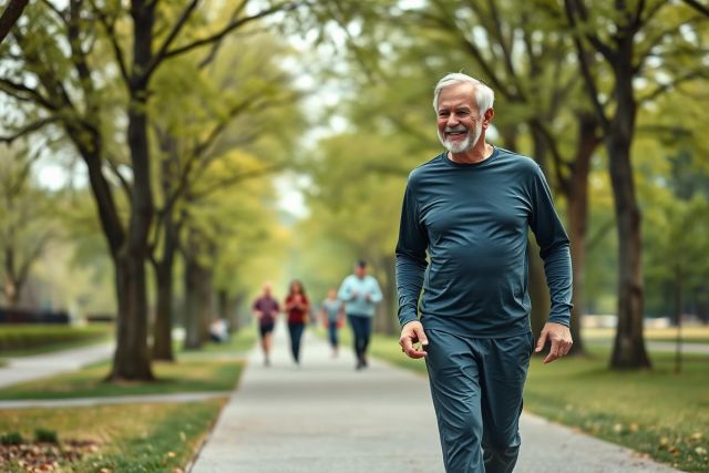 Active senior man walking in a lush green park on a sunny day. Other people are jogging in the background. Focus on healthy aging, outdoor fitness, and enjoying nature. Calm, peaceful, and vibrant scene with autumnal colors.