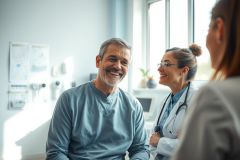 Doctor consults with a smiling patient in a bright, modern medical office. The image showcases a healthcare setting with warm colors, emphasizing positive patient care and medical consultation. Focus on doctor-patient relationship.