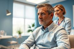 Man in a doctor's office, appearing thoughtful. A female healthcare professional in scrubs is visible in the background. Modern medical setting with blue walls and natural light. Focus on patient care and healthcare consultation.