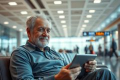 Senior man with gray hair using a tablet at an airport. He's seated in a modern waiting area with soft lighting and blurred background showing other travelers. The image conveys themes of travel, technology, and aging gracefully. Blue and gray tones dominate the scene.