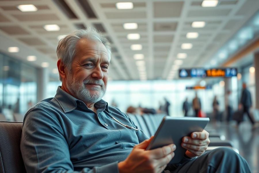 Senior man with gray hair using a tablet at an airport. He's seated in a modern waiting area with soft lighting and blurred background showing other travelers. The image conveys themes of travel, technology, and aging gracefully. Blue and gray tones dominate the scene.