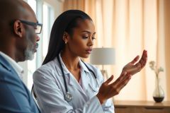 Doctor examining a patient. A female physician in a white coat discusses with a male patient in a medical setting. Focus on healthcare consultation and patient care.