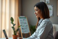 Female doctor working on a laptop at a desk, wearing a white coat. The scene includes a plant and a whiteboard in the background, conveying a professional and modern healthcare setting.