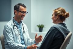 Doctor consults with a patient in a medical office. The scene depicts a healthcare professional in a white coat, engaged in conversation, creating a reassuring and professional environment. Focus on patient care and medical consultation.