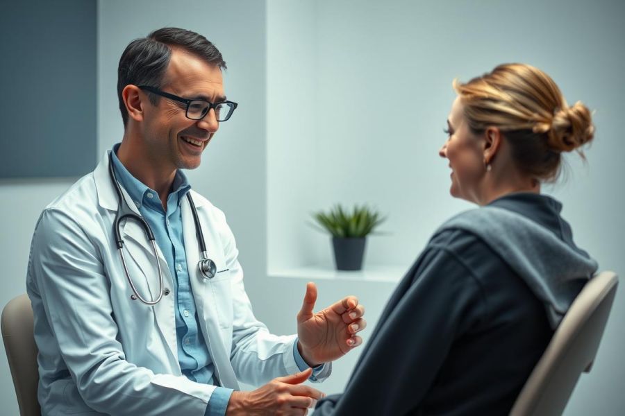 Doctor consults with a patient in a medical office. The scene depicts a healthcare professional in a white coat, engaged in conversation, creating a reassuring and professional environment. Focus on patient care and medical consultation.