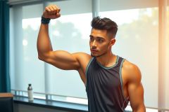 Fit man in a tank top, showing off his biceps. He's in a gym setting with a window behind him. Focus on fitness, strength, and a healthy lifestyle.
