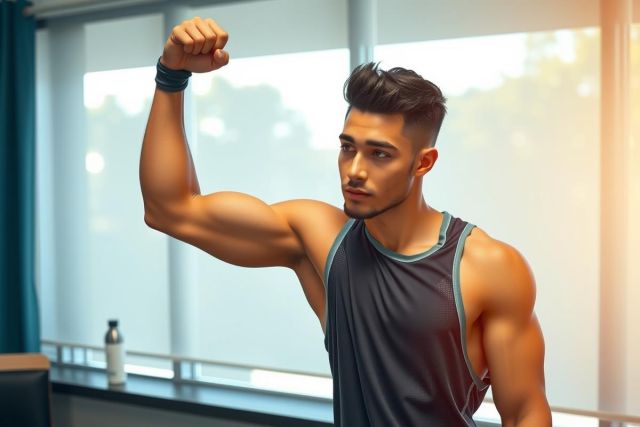 Fit man in a tank top, showing off his biceps. He's in a gym setting with a window behind him. Focus on fitness, strength, and a healthy lifestyle.