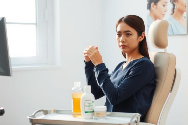 Woman sits in a medical exam room, likely receiving treatment. A tray with medicine bottles and a glass is visible. The setting appears clean and clinical, with a focus on healthcare and patient care.