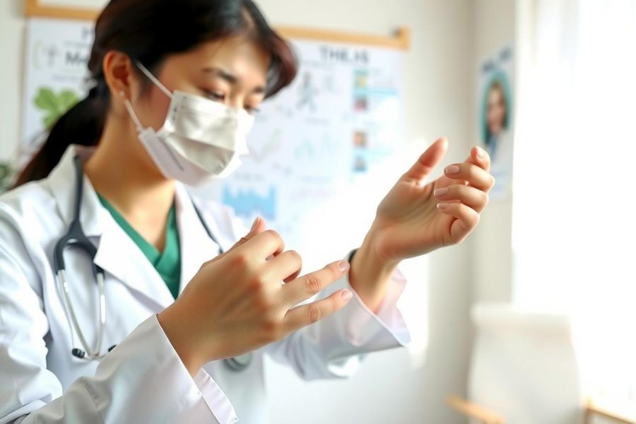 Healthcare worker in scrubs and mask performs hand hygiene. Close-up view showing proper handwashing technique in a medical setting. Focus on cleanliness and safety.