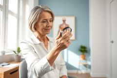 Mature female doctor examining a lens in a bright, modern office. The room features a blue wall with a human anatomy poster, natural light from a window, and greenery. Focus is on medical examination and healthcare profession.