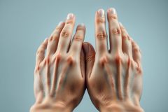 Close-up image of two hands pressed together in prayer or meditation against a soft blue background. Focus on the detailed skin texture and bone structure. Represents spirituality, peace, and mindfulness. Light skin tone, neutral lighting.