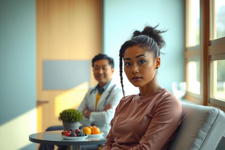 Two people in a modern, brightly lit room. A woman in a pink sweater sits on a grey couch, facing a man in a white coat.  A table with fruit sits nearby. Contemporary interior design.