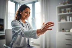 A smiling female doctor in a white coat demonstrates a skincare routine in a bright, modern medical office. The scene features soft, natural light, a window, and shelves with skincare products, suggesting a consultation or treatment discussion. Focus on skincare and professional healthcare.