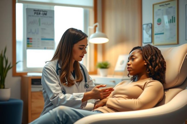 Doctor examining a patient during a consultation. Healthcare professional in a clinic setting, showing care and attention. Bright, modern medical environment.