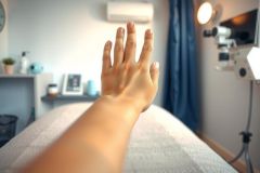 Close-up of a hand on a massage table in a spa setting. Blue accent wall, soft lighting, and a relaxed atmosphere create a tranquil and inviting space.