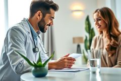 Doctor consults with a patient in a bright, modern office. He wears a white coat and stethoscope, reviewing documents while the patient listens attentively. Healthcare setting, medical consultation, patient care.
