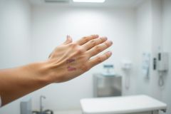 Close-up of a hand with reddish-purple insect bites, likely mosquito bites, in a sterile white medical setting. The image depicts a healthcare context, possibly a doctor's office or clinic, showcasing skin irritation and potential allergic reactions.