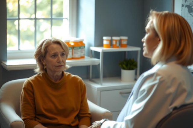 Two women in a brightly lit room, engaged in conversation. One wears an orange sweater. The scene suggests a therapy or counseling session, with a minimalist, modern aesthetic.