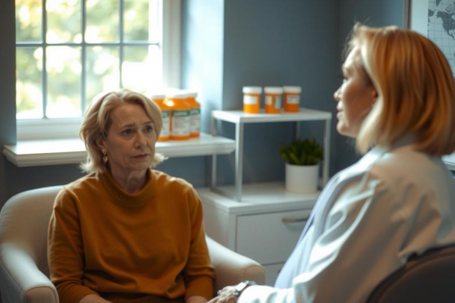 Two women in a brightly lit room, engaged in conversation. One wears an orange sweater. The scene suggests a therapy or counseling session, with a minimalist, modern aesthetic.