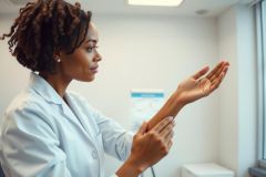 A healthcare professional in a white coat examines her hands in a clinic setting. Focus on cleanliness and patient care, medical examination, and health concepts.