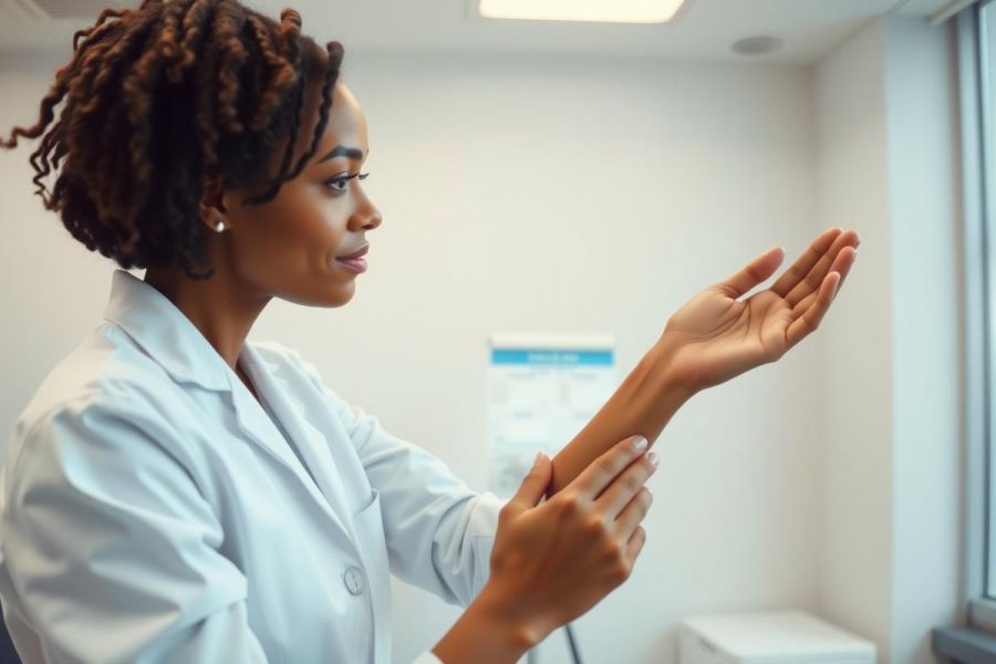 A healthcare professional in a white coat examines her hands in a clinic setting. Focus on cleanliness and patient care, medical examination, and health concepts.
