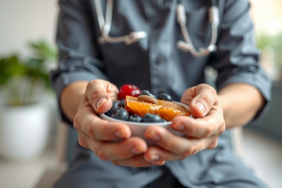 A healthcare professional holds a bowl of berries, including blueberries and strawberries. The image conveys a focus on health and nutrition, with a shallow depth of field and natural lighting.