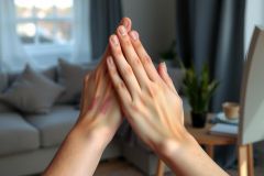 Close-up of hands clapping in a cozy living room setting. Soft, neutral colors dominate the scene, featuring a grey sofa and natural wood tones. Creates a feeling of warmth and connection.