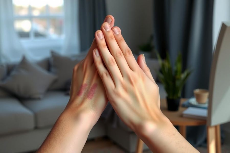 Close-up of hands clapping in a cozy living room setting. Soft, neutral colors dominate the scene, featuring a grey sofa and natural wood tones. Creates a feeling of warmth and connection.