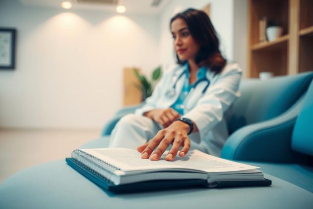 A doctor in a white coat sits on a blue couch, reviewing a notebook. The scene suggests a medical consultation or study session in a modern, well-lit room.