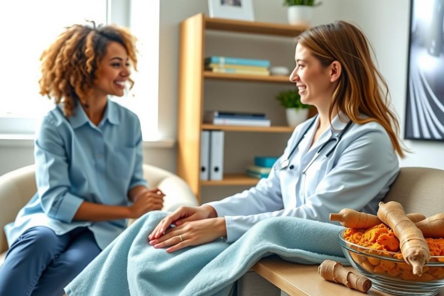 Doctor and patient during a consultation. The doctor in a white coat sits opposite a patient in a brightly lit office setting. Focus on healthcare, wellness, and patient care.