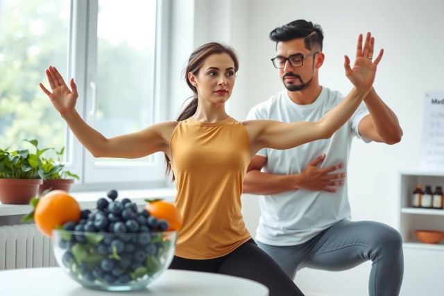 Man and woman practicing yoga indoors, near a bowl of fruit. Bright, airy room with plants. Focus on wellness, fitness, and healthy lifestyle. Warm lighting and natural colors.