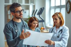 Two medical professionals reviewing a document. One wears a lab coat, and the other is in casual clothing. The setting appears to be a doctor's office or clinic with medical equipment visible in the background.