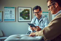 Doctor examining patient with tablet in medical office. Healthcare professional, consultation, digital device, friendly environment. Focus on patient care and technology in medicine.