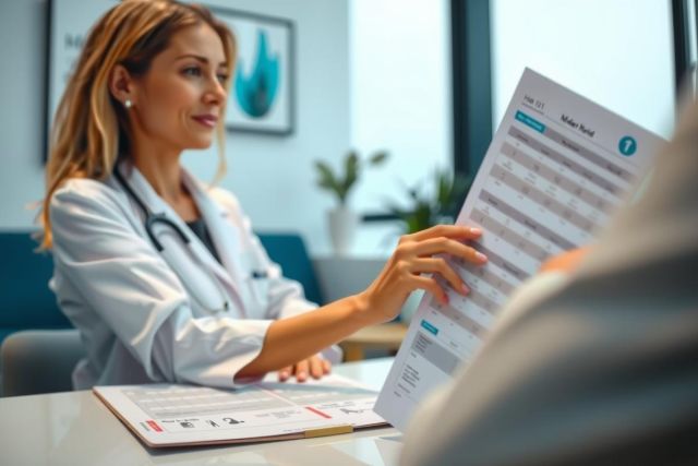 Doctor examining a patient during a consultation. Healthcare professional in a white coat, stethoscope, at a desk in a modern clinic setting. Focus on patient care and medical check-up.