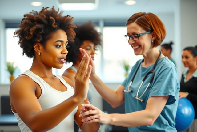 Physical therapist assisting a patient with an exercise in a clinic setting. A woman in scrubs guides a patient, both smiling. The background shows exercise balls and other equipment.