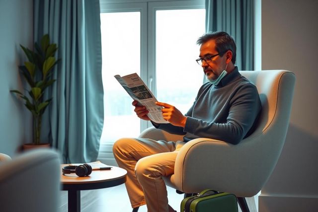 Man reading a newspaper in a bright, modern living room. He's seated in a white armchair, dressed in a gray sweater and beige pants. Soft lighting and a green plant create a relaxing atmosphere.
