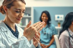Healthcare professionals demonstrating hand hygiene in a medical setting. Two women in scrubs and a lab coat are shown, emphasizing cleanliness and patient safety protocols. Blue tones dominate the environment.