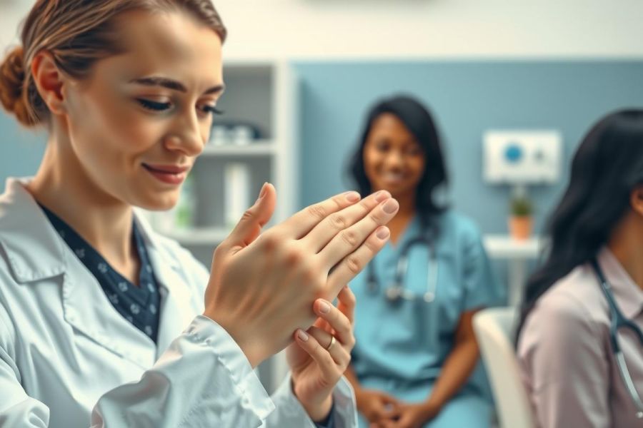 Healthcare professionals demonstrating hand hygiene in a medical setting. Two women in scrubs and a lab coat are shown, emphasizing cleanliness and patient safety protocols. Blue tones dominate the environment.