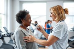 A healthcare professional assists a senior woman with an inhaler in a bright, modern gym setting. The image depicts health management, respiratory care, and wellness, featuring a diverse patient and medical staff with a focus on preventative healthcare.