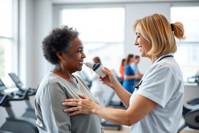 A healthcare professional assists a senior woman with an inhaler in a bright, modern gym setting. The image depicts health management, respiratory care, and wellness, featuring a diverse patient and medical staff with a focus on preventative healthcare.