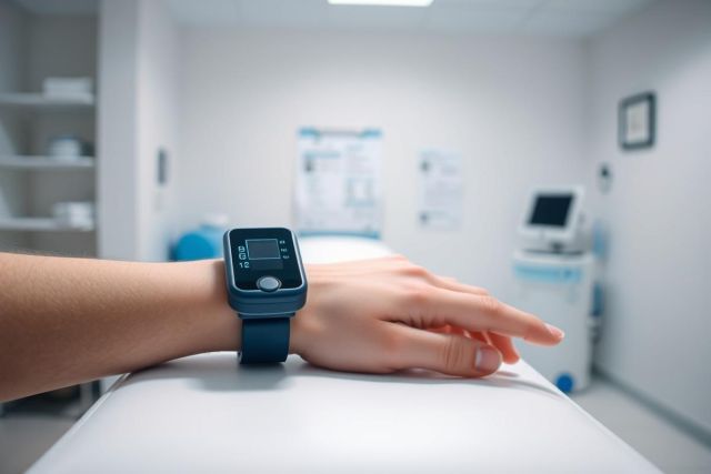 Close-up of a pulse oximeter on a patient's wrist in a clinical setting. The image shows a medical examination in a bright, white doctor's office with healthcare equipment visible in the background. Focus on health monitoring and patient care.