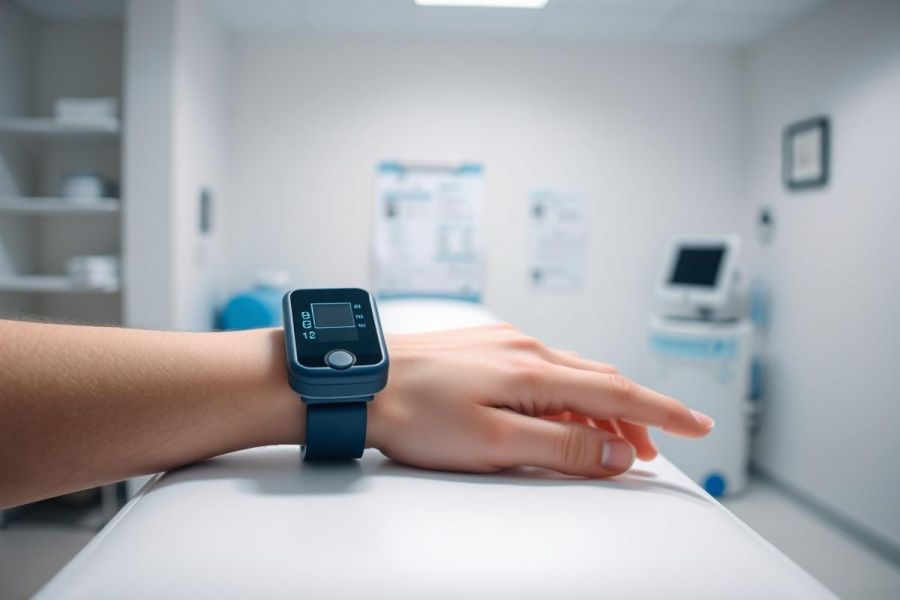 Close-up of a pulse oximeter on a patient's wrist in a clinical setting. The image shows a medical examination in a bright, white doctor's office with healthcare equipment visible in the background. Focus on health monitoring and patient care.