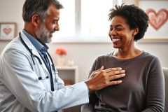 Doctor consultation: A smiling African American woman interacts with a male doctor in a bright, modern office setting. The image conveys a positive healthcare experience with a focus on wellness and patient care. Colors are warm and inviting.
