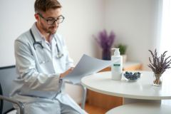 Doctor reviewing medical documents at a desk. He's wearing a white coat and glasses, with a lavender plant and lotion visible in the background. Healthcare setting.