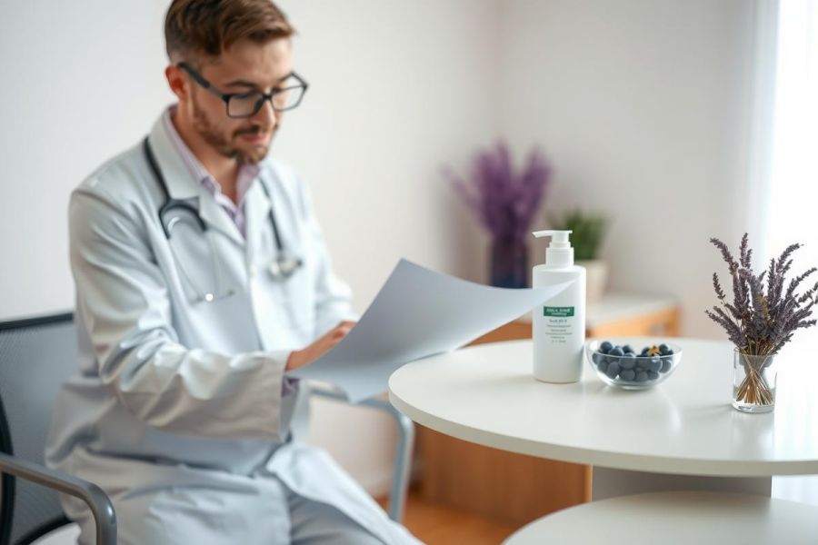 Doctor reviewing medical documents at a desk. He's wearing a white coat and glasses, with a lavender plant and lotion visible in the background. Healthcare setting.
