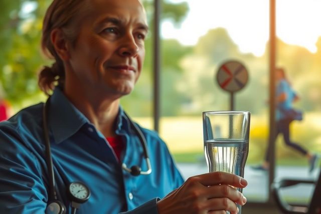 The image features a professional healthcare worker, possibly a doctor or nurse, wearing a medical coat and holding a glass of water. The individual is in a brightly lit room with large windows allowing natural light to fill the space. 