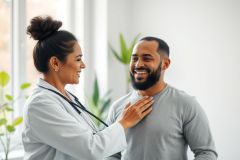 A smiling doctor in a white coat examines a happy patient during a medical checkup. The bright, modern clinic setting features greenery and natural light. Focus on healthcare, wellness, and positive patient-doctor interaction.