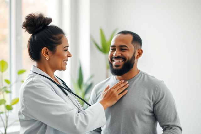 A smiling doctor in a white coat examines a happy patient during a medical checkup. The bright, modern clinic setting features greenery and natural light. Focus on healthcare, wellness, and positive patient-doctor interaction.