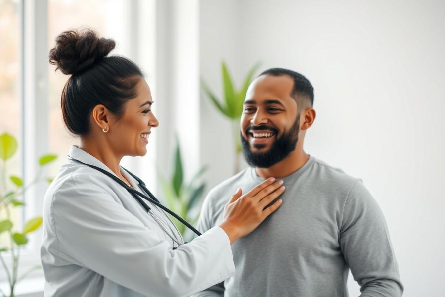 A smiling doctor in a white coat examines a happy patient during a medical checkup. The bright, modern clinic setting features greenery and natural light. Focus on healthcare, wellness, and positive patient-doctor interaction.
