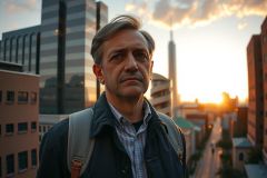 Man walking on sidewalk at sunset with buildings in background. He has short hair and is wearing a dark jacket, shirt, and backpack.